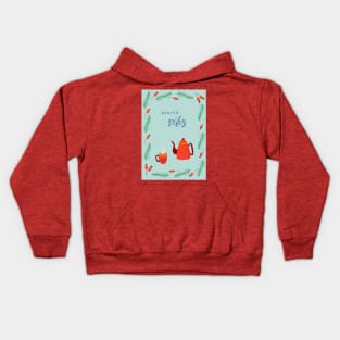 Cozy still life with holiday red ceramic tableware and plant background Kids Hoodie